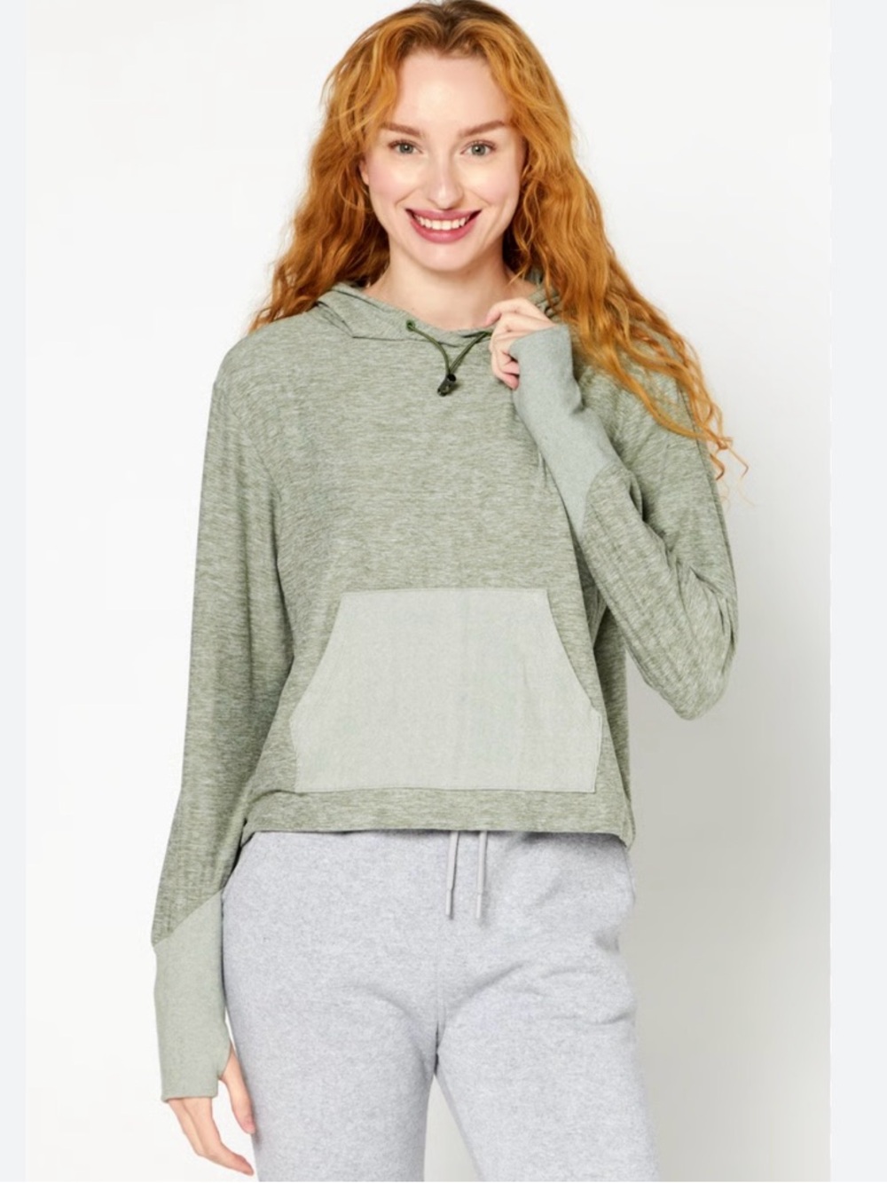 Nine‎ West Active Soft Heather Green Cropped Hoodie Pocket Drawstring Plus Sz 3X